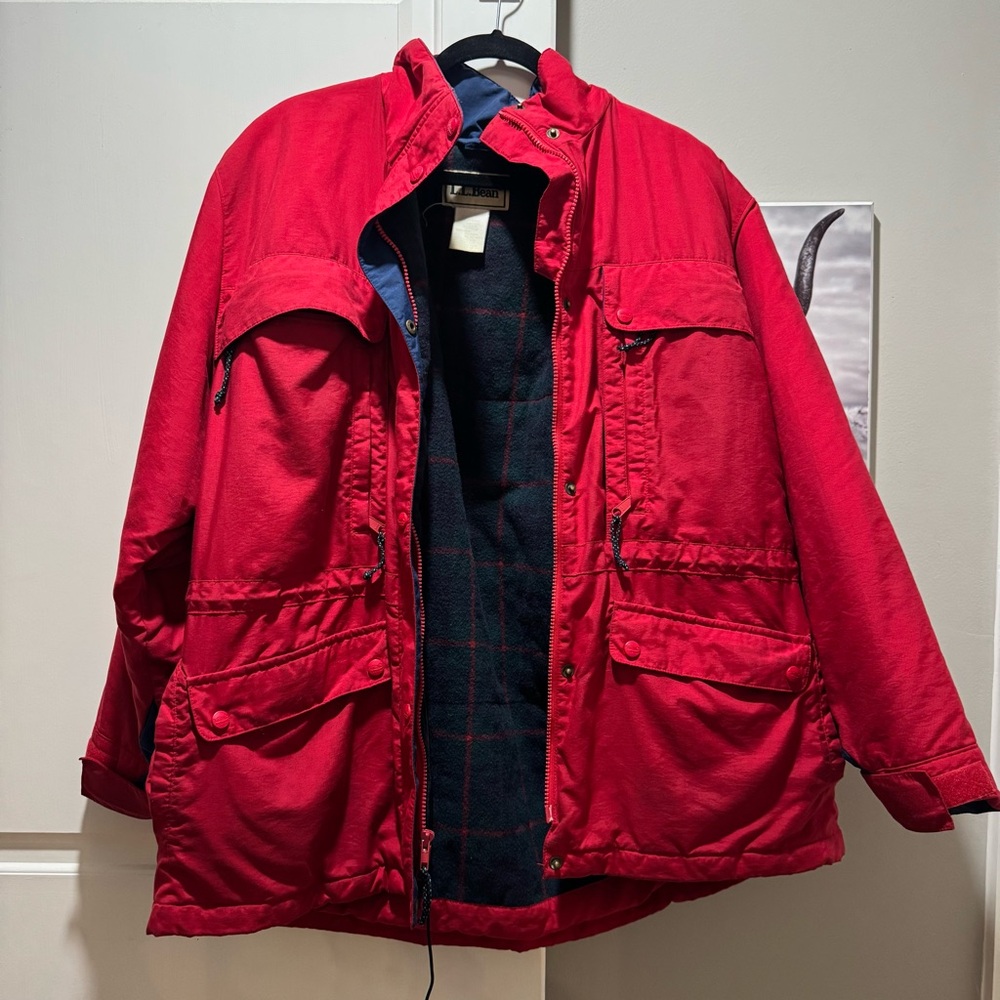 Vintage LL Bean Winter Coat Flannel Lined Red Mens Large 90s Gorpcore Outdoors